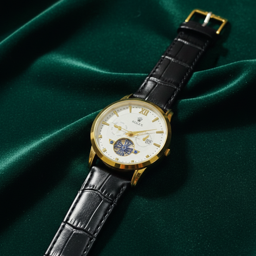 Luxury Men’s Skeleton Watch – Gold Tone Open-Heart Dial with Black Leather Strap