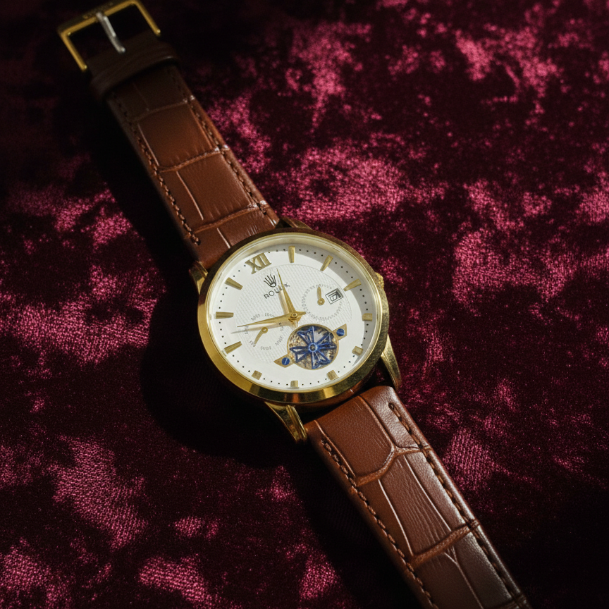 Luxury Men’s Skeleton Watch – Gold Tone Open-Heart Dial with Black Leather Strap