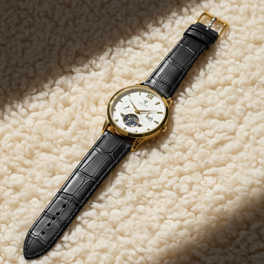 Luxury Men’s Skeleton Watch – Gold Tone Open-Heart Dial with Black Leather Strap