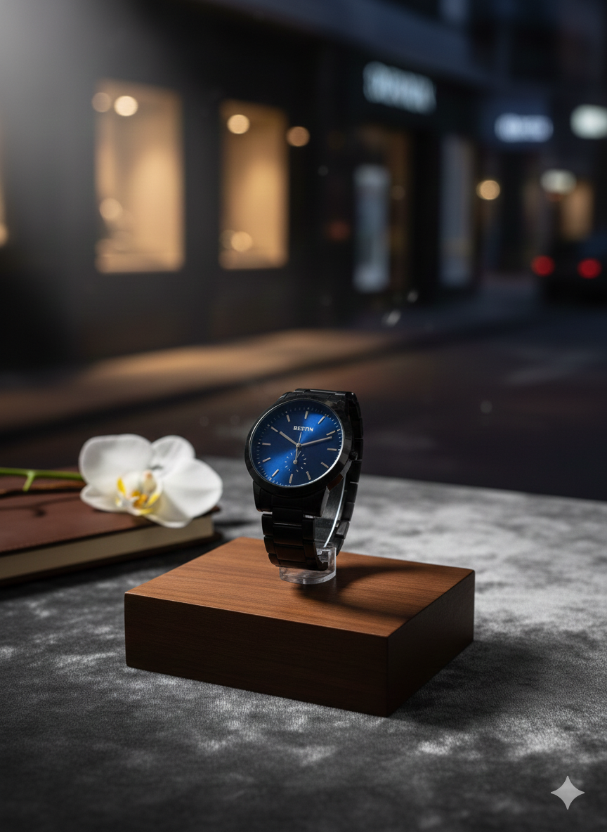 BESTWIN Matte Black Stainless Steel Watch with Sunray Blue Dial