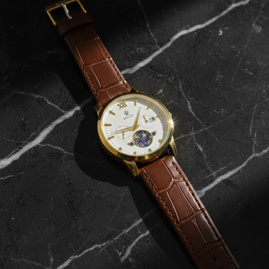 Luxury Men’s Skeleton Watch – Gold Tone Open-Heart Dial with Black Leather Strap