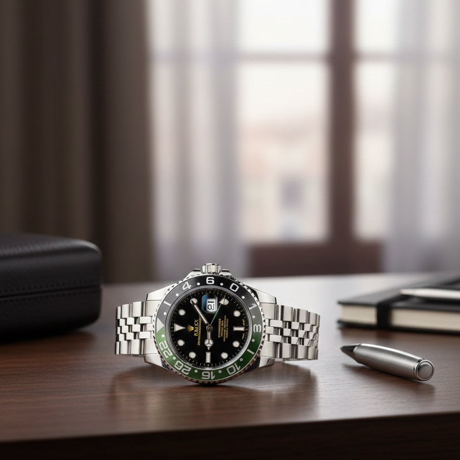 Luxury Silver Black Chronograph Watch – Rotating Bezel, Jubilee Bracelet, Date Display