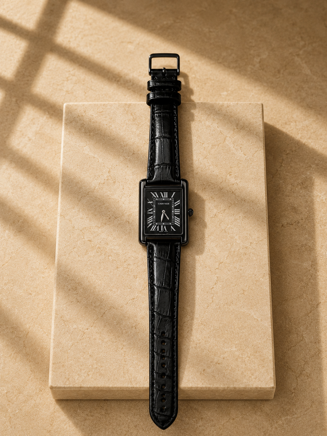 All Black Rectangle Roman Numeral Watch for Men – Tank Style Dress Watch