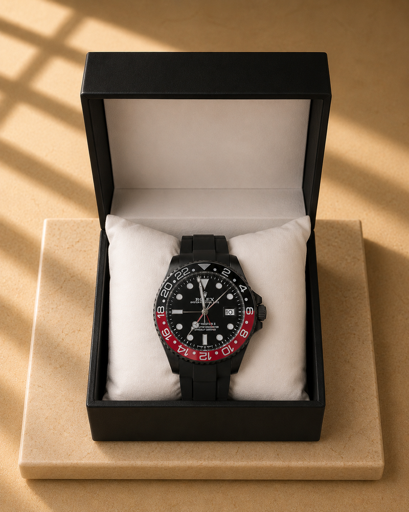 Black GMT Sport Watch for Men – Red Bezel Rubber Strap with Gift Box