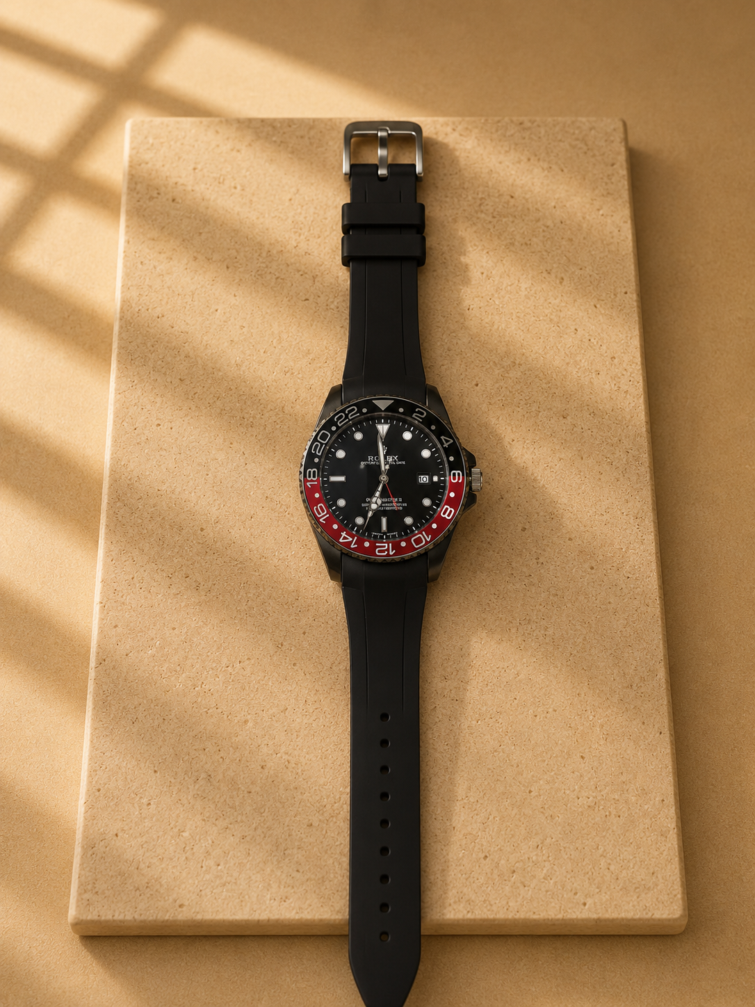 Black GMT Sport Watch for Men – Red Bezel Rubber Strap with Gift Box