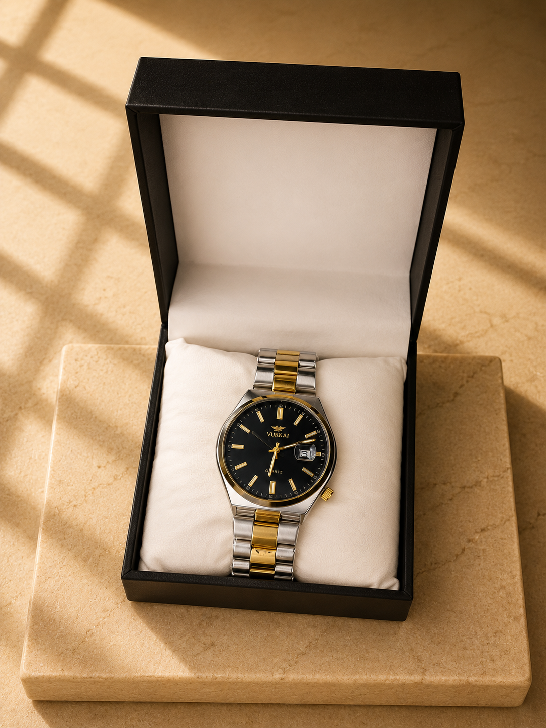 Volkai Two-Tone Gold Silver Watch for Men – Black Dial Stainless Steel Quartz with Date