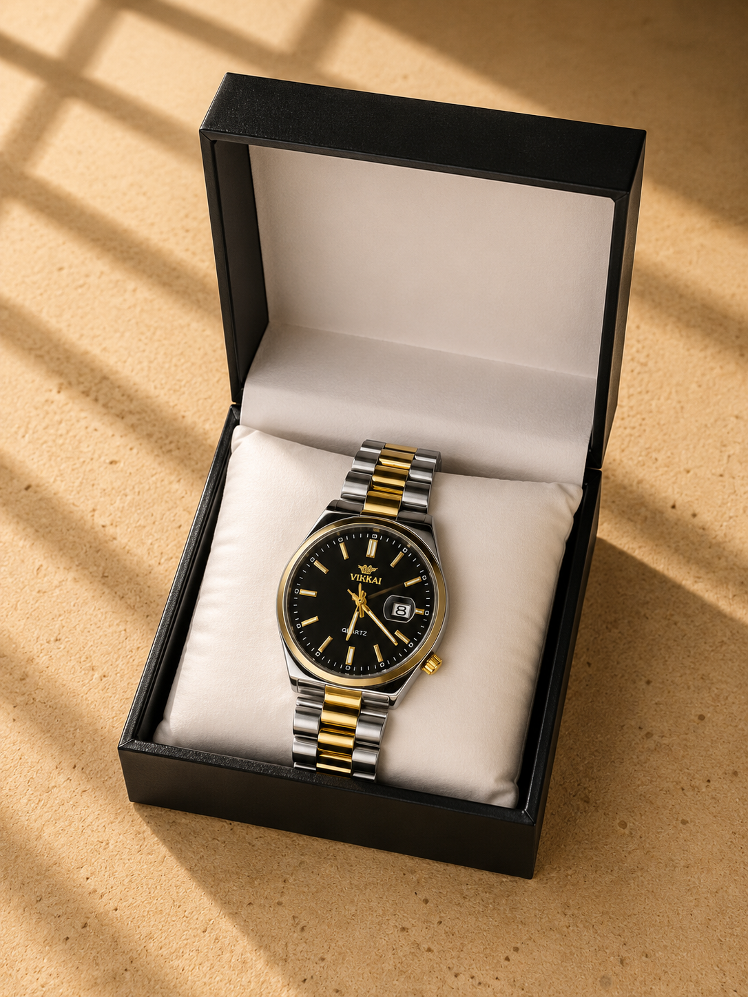 Volkai Two-Tone Gold Silver Watch for Men – Black Dial Stainless Steel Quartz with Date