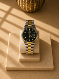 Volkai Two-Tone Gold Silver Watch for Men – Black Dial Stainless Steel Quartz with Date
