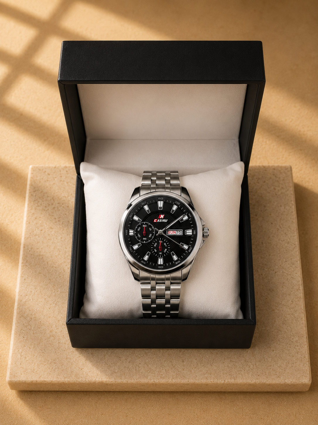 Casirw Chronograph Style Watch for Men – Black Dial Day-Date Stainless Steel with Gift Box