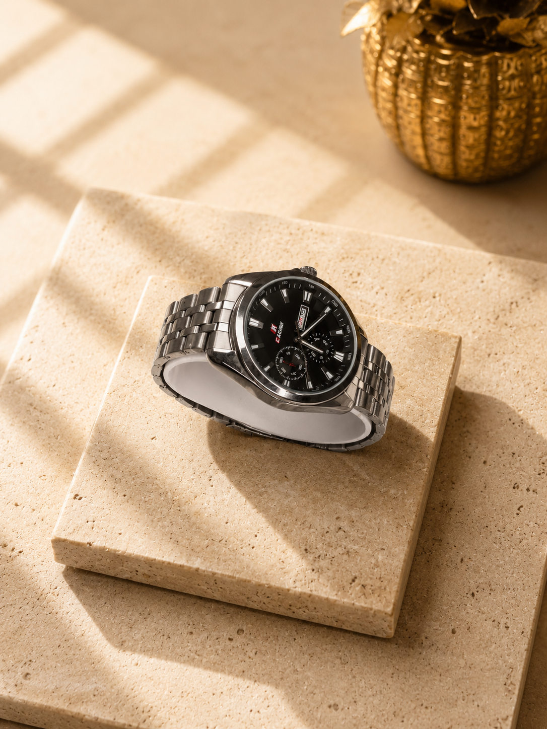 Casirw Chronograph Style Watch for Men – Black Dial Day-Date Stainless Steel with Gift Box
