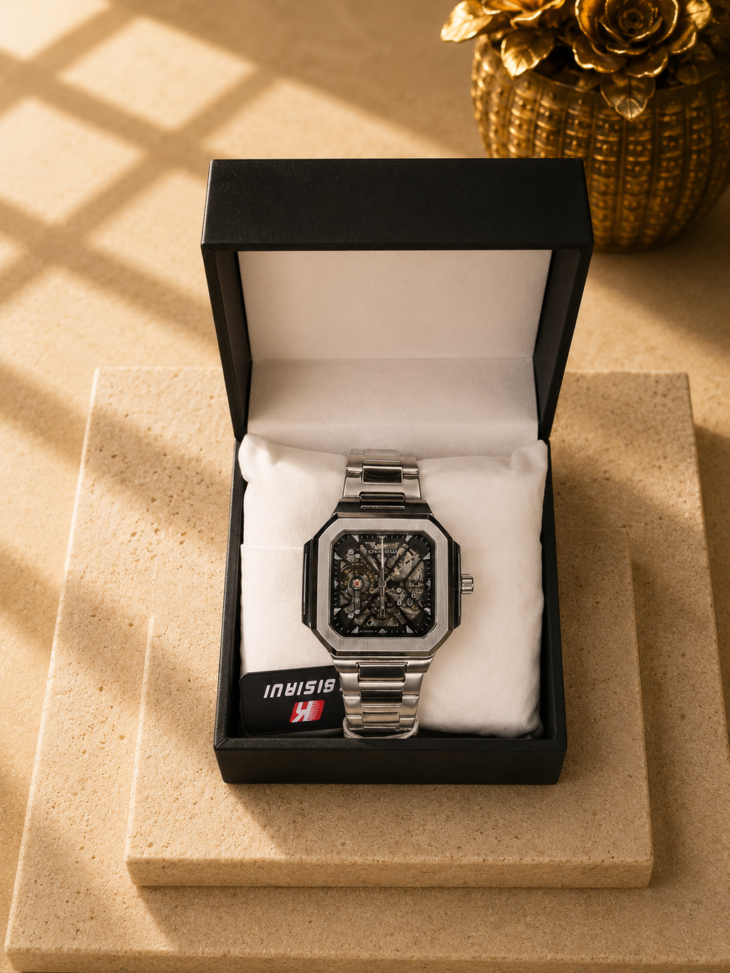 Casirui Square Skeleton Automatic Watch for Men – Silver Stainless Steel Bracelet