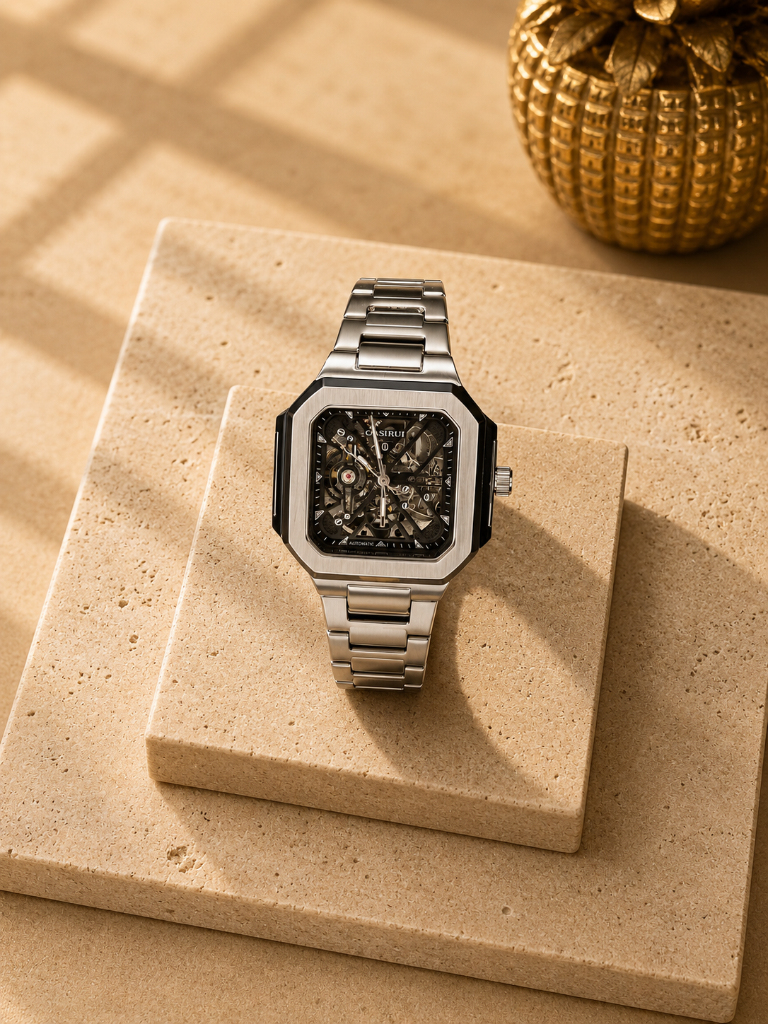 Casirui Square Skeleton Automatic Watch for Men – Silver Stainless Steel Bracelet