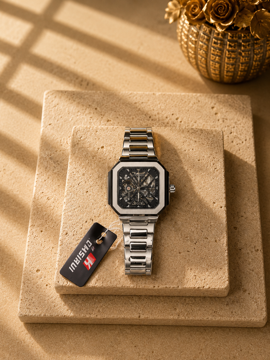 Casirui Square Skeleton Automatic Watch for Men – Silver Stainless Steel Bracelet