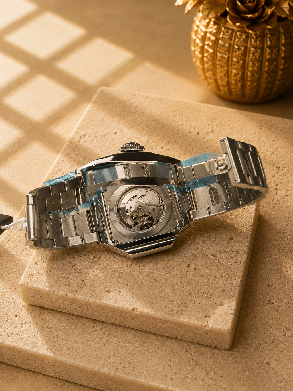 Casirui Square Skeleton Automatic Watch for Men – Silver Stainless Steel Bracelet