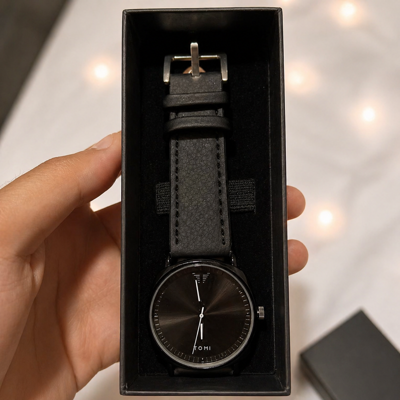 TOMI Leather Strap Elegant Slim Modern Wristwatch