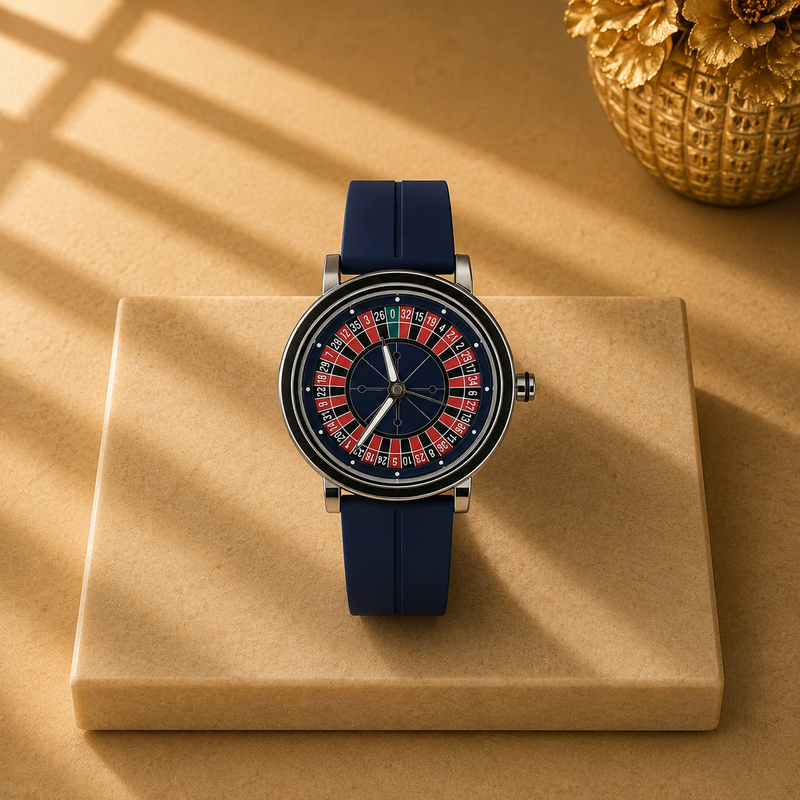 Roulette Dial Watch for Men – Navy Blue Rubber Strap Statement Watch