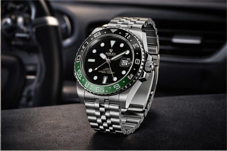 Luxury Silver Black Chronograph Watch – Rotating Bezel, Jubilee Bracelet, Date Display