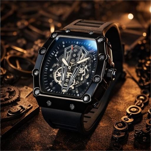 Richard Black Belt Skeleton Watch for Men – Stylish Square Dial Chronograph Design with Black Strap