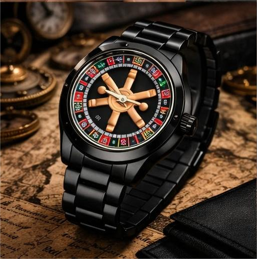 Branded Men’s Roulette Watch – 360° Rotating Dial Quartz Watch with Black Stainless Steel Chain Strap
