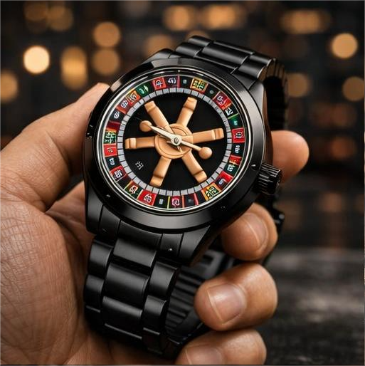 Branded Men’s Roulette Watch – 360° Rotating Dial Quartz Watch with Black Stainless Steel Chain Strap
