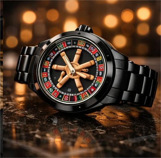 Branded Men’s Roulette Watch – 360° Rotating Dial Quartz Watch with Black Stainless Steel Chain Strap