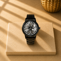 All Black Geometric Honeycomb Watch for Men – Stainless Steel Bracelet