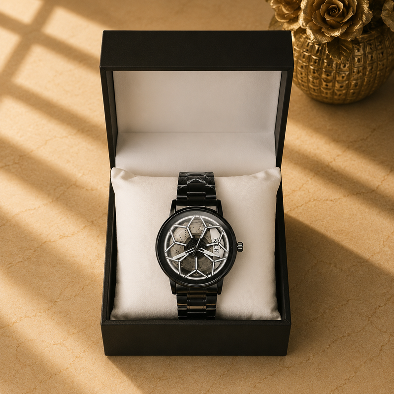 All Black Geometric Honeycomb Watch for Men – Stainless Steel Bracelet