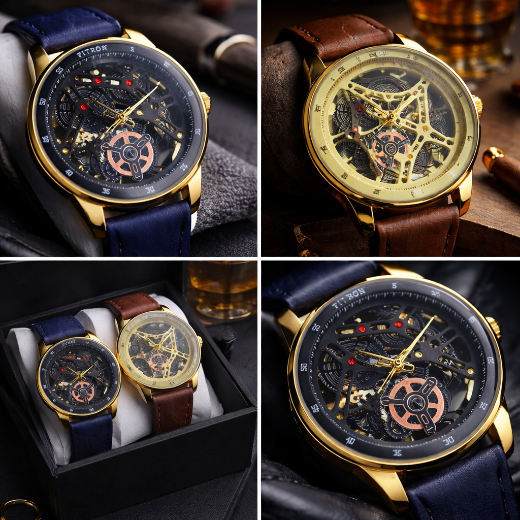 Fitron Classic Chrono Black – Stainless Steel Minimalist Watch with Genuine Leather Strap