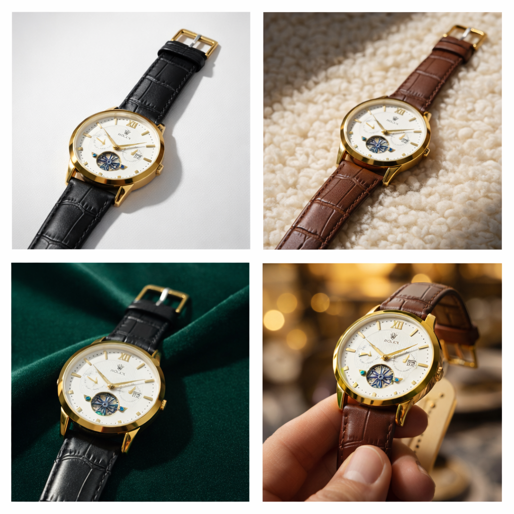 Luxury Men’s Skeleton Watch – Gold Tone Open-Heart Dial with Black Leather Strap