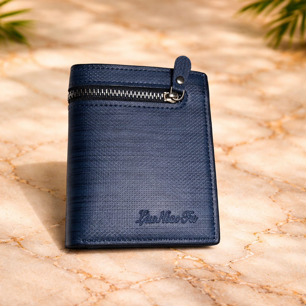 Men’s Premium Navy Blue Leather Wallet with Zipper Pocket