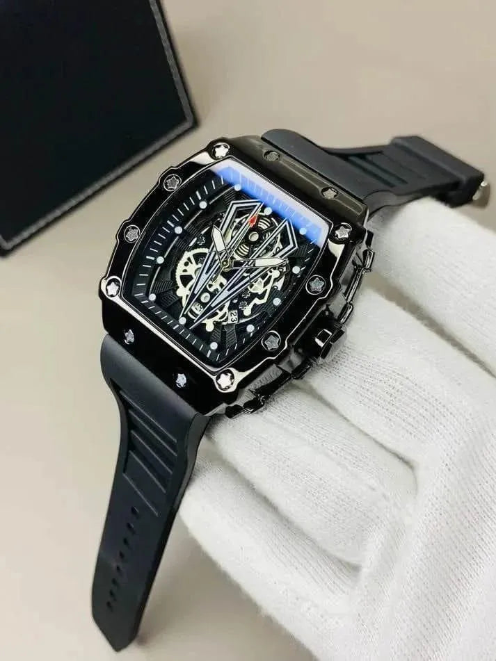 Richard Black Belt Skeleton Watch for Men – Stylish Square Dial Chronograph Design with Black Strap