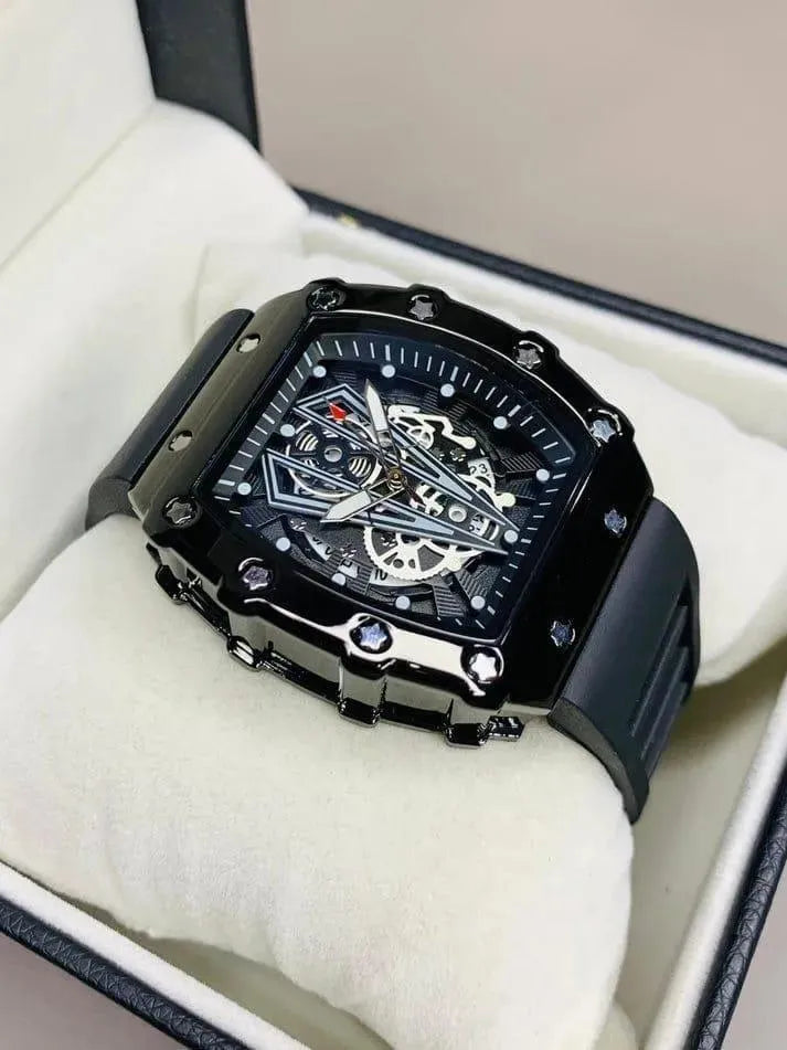 Richard Black Belt Skeleton Watch for Men – Stylish Square Dial Chronograph Design with Black Strap