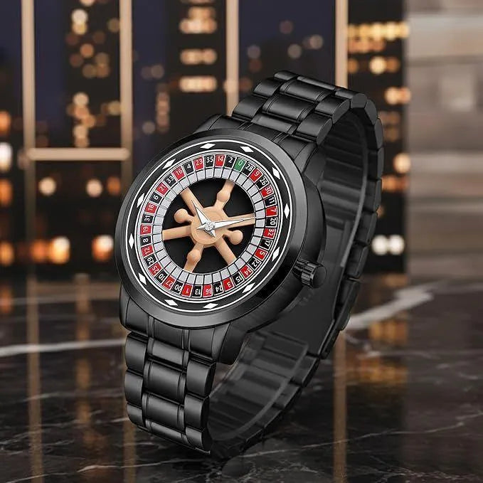 Branded Men’s Roulette Watch – 360° Rotating Dial Quartz Watch with Black Stainless Steel Chain Strap